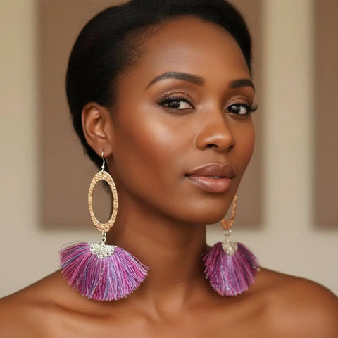 Long Copper Embossed Earrings with Pink Purple Metallic Silk Tassels 5 Inch | Made in USA Alexa Martha Designs  Earrings