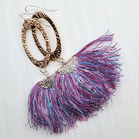 Long Copper Embossed Earrings with Pink Purple Metallic Silk Tassels 5 Inch | Made in USA Alexa Martha Designs  Earrings