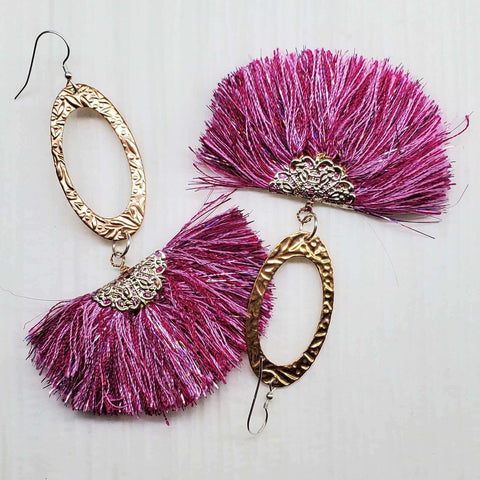 Long Copper Embossed Earrings with Pink Purple Metallic Silk Tassels 5 Inch | Made in USA Alexa Martha Designs  Earrings