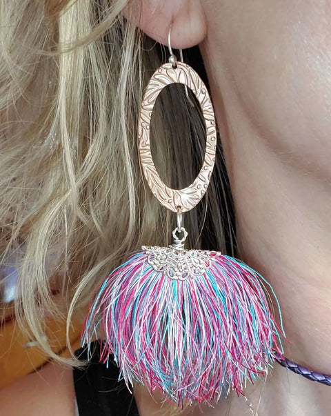 Long Copper Embossed Earrings with Pink Purple Metallic Silk Tassels 5 Inch | Made in USA Alexa Martha Designs  Earrings