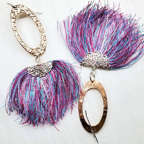 Long Copper Embossed Earrings with Pink Purple Metallic Silk Tassels 5 Inch | Made in USA Alexa Martha Designs  Earrings