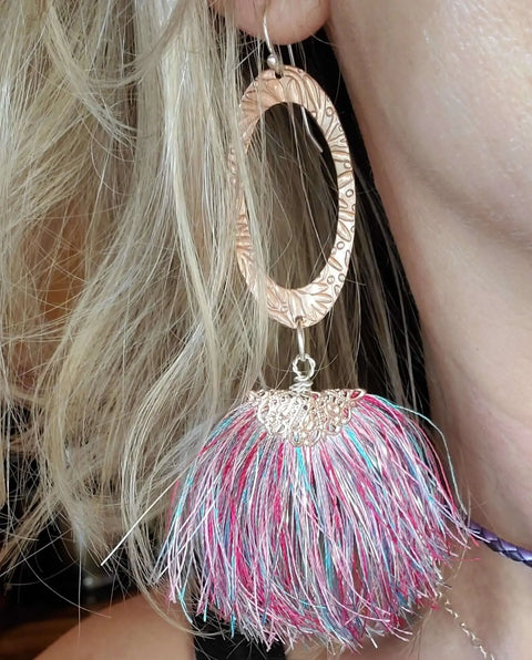 Long Copper Embossed Earrings with Pink Purple Metallic Silk Tassels 5 Inch | Made in USA Alexa Martha Designs  Earrings