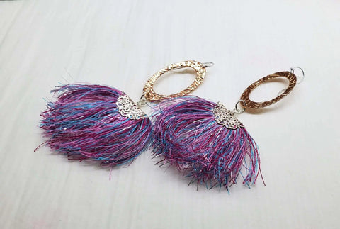 Long Copper Embossed Earrings with Pink Purple Metallic Silk Tassels 5 Inch | Made in USA Alexa Martha Designs  Earrings