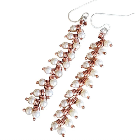 Long Copper Wire Braided Earrings with Swarovski Pearls – 3 Inch | Handmade in USA Alexa Martha Designs  Earrings