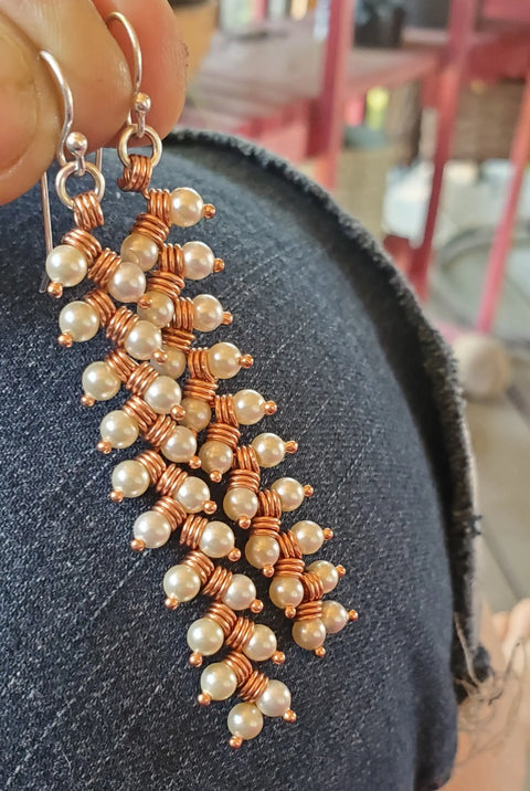 Long Copper Wire Coiled Braided Swarovski Crystal Pearl Earrings Alexa Martha Designs  Earrings