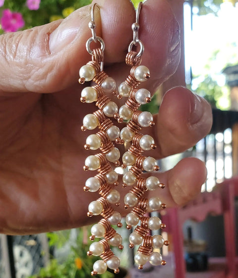 Long Copper Wire Coiled Braided Swarovski Crystal Pearl Earrings Alexa Martha Designs  Earrings