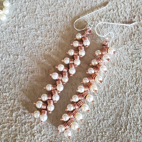 Long Copper Wire Coiled Braided Swarovski Crystal Pearl Earrings Alexa Martha Designs  Earrings 69.00 Cream Rose