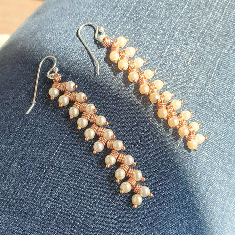 Long Copper Wire Coiled Braided Swarovski Crystal Pearl Earrings Alexa Martha Designs  Earrings 69.00 Cream
