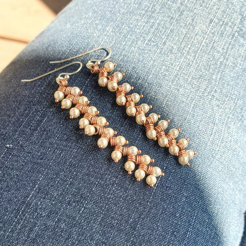 Long Copper Wire Coiled Braided Swarovski Crystal Pearl Earrings Alexa Martha Designs  Earrings