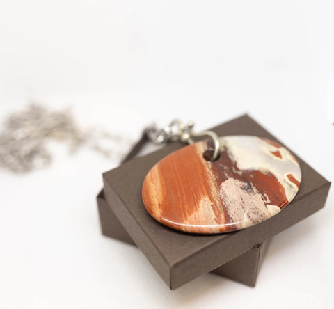 Long Natural Oval Agate Pendant Necklace – Silver Stainless Steel Chain | Handcrafted in USA Jewelry Michelle Marie Boutique  Necklace
