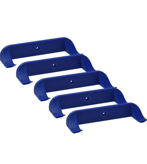 Four Chatelet Manufacturing Collectible Car Display Wall Mounts, compatible with Lego Speed Champions, feature a curved blue plastic design with central screw holes—ideal for displaying Lego racecar models. Made in USA.