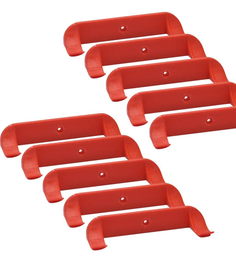 Nine Chatelet Manufacturing Collectible Car Display Wall Mounts for Lego Speed Champions are staggered on a white background. Each red plastic hook has a flat base with a central screw hole and curved ends, ideal for displaying Lego racecar models. Made in USA.