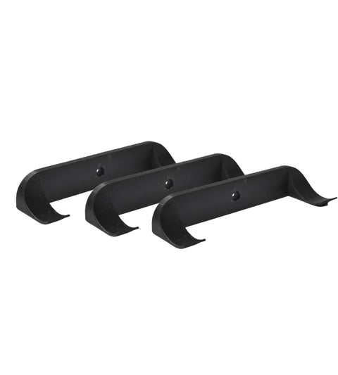 Three black Chatelet Manufacturing wall mounts (Low Profile Collectible Car Display, 3-Pack) are arranged in a row. Each features a central hole for easy installation and displays Lego cars by the wheels on your wall. Made in USA.