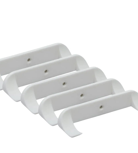Five white Low Profile Collectible Car Display Wall Mounts by Chatelet Manufacturing are arranged diagonally, each with a curved shape and screw hole—ideal for showcasing your Lego car models on the wall. Made in the USA, available in a 5-pack.