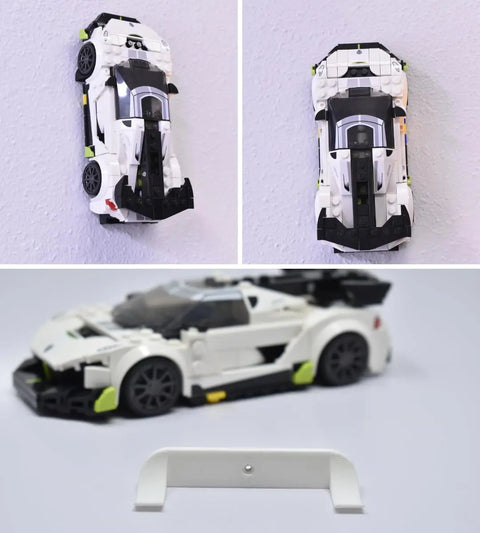 A white LEGO sports car is shown vertically displayed on the Chatelet Manufacturing Low Profile Collectible Car Display Wall Mount (White 5-Pack), compatible with LEGO cars; another photo shows the mount and car on a flat surface.