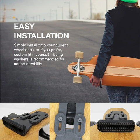A person holds an orange longboard on an empty road. Text reads Easy Installation with instructions. Close-ups show Chatelet Manufacturings Low Profile Longboard or E-Skateboard Foot Stop for improved traction, balance, and control.