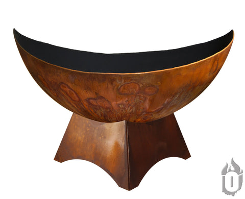 The Lunar Fire Bowl with Standard Base by Ohio Flame is a large, rust-colored, semi-spherical fire bowl featuring natural patina on a sturdy geometric base; the Ohio Flame logo is visible in the lower right. Made in USA.