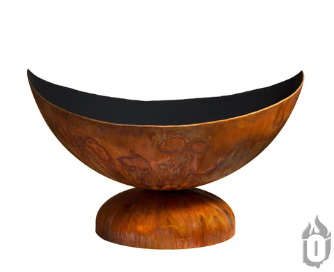 The Ohio Flame Lunar Fire Bowl (Made in USA) features a large rust-colored bowl with a wide opening, curved edges, and round pedestal base. It is shown on a white background with a small flame logo at the bottom right.