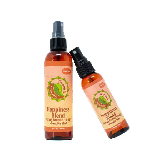 Two amber spray bottles of Taspen’s Organics Luxury Aromatherapy Shungite Mists, with black spray tops and orange-yellow labels, feature an energy-balancing formula crafted with organic essential oils.
