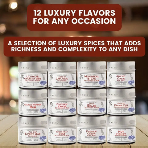 Luxury BBQ Seasoning Collection – 12 Four Ounce Gourmet Spice Tins for Grilling | Handcrafted in USA Gustus Vitae  Collections & Gift Sets