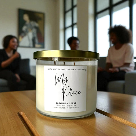 Luxury Jasmine Cedar Scented Soy Candle 17 oz – Hand Poured Home Fragrance | Made in USA Wick and Glow Candle Company™  Candles