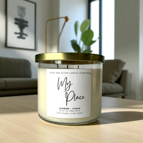 Luxury Jasmine Cedar Scented Soy Candle 17 oz – Hand Poured Home Fragrance | Made in USA Wick and Glow Candle Company™  Candles