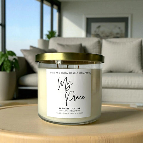 Luxury Jasmine Cedar Scented Soy Candle 17 oz – Hand Poured Home Fragrance | Made in USA Wick and Glow Candle Company™  Candles
