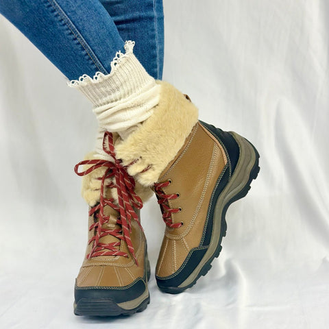 Natural Lace-Trim Cable Knit Knee Boot Socks – Cotton Blend Comfort | Made in USA