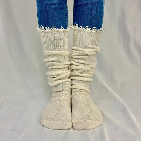 Natural Lace-Trim Cable Knit Knee Boot Socks – Cotton Blend Comfort | Made in USA
