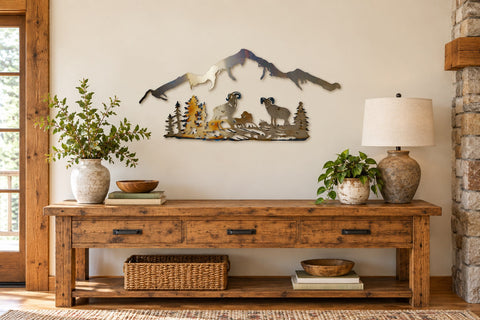 Rustic Metal Mountain Wall Art With Bighorn Sheep Scene – Handcrafted Outdoor Decor | Made in USA Knights Home Decor  item