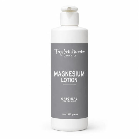 Magnesium Muscle Relief Lotion 8oz – Organic Hydrating Peppermint Formula | Taylor Made Organics Made in USA Taylor Made Organics  therapeutic lotion