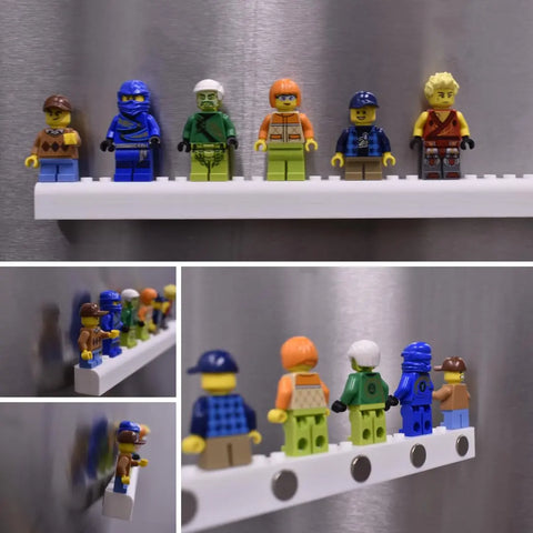 Seven LEGO minifigures stand on a white Chatelet Manufacturing Collectibles Display Fridge Magnet, perfect for displaying figurines on your fridge or metal surfaces. Smaller images below highlight their colorful outfits and accessories. Made in USA.