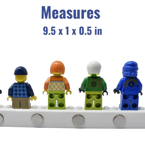 Five LEGO minifigures stand side by side on the Chatelet Manufacturing Collectibles Display Fridge Magnet, compatible with Lego Minifigures, measuring 9.5 x 1 x 0.5 in—ideal for displaying your figurines on any fridge or metal surface. Made in USA.