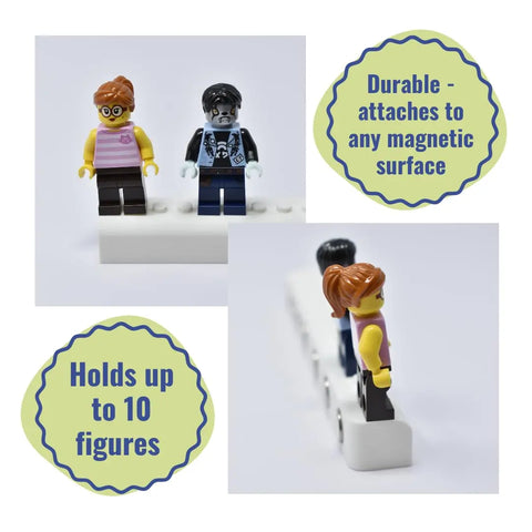 Two LEGO minifigures stand on the Chatelet Manufacturing Collectibles Display Fridge Magnet—compatible with Lego Minifigures, holds up to 10 figures, attaches to any magnetic surface. Side and front views of this USA-made display strip are shown.