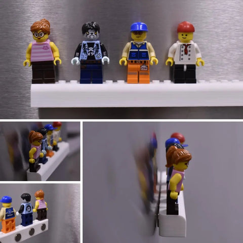 Four LEGO minifigures stand on the Chatelet Manufacturing Collectibles Display Fridge Magnet, a shelf made in the USA for displaying minifigures on your fridge or any metal surface. Side images show different angles, including one with motion blur.