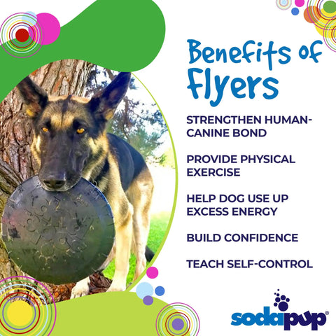 A German Shepherd outdoors holds the SodaPup Magnum Bottle Top Flyer Ultra Durable Rubber Retrieving Frisbee (Large, Black) in its mouth. Text highlights benefits: strengthen bonds, exercise, use energy, build confidence, teach self-control. SodaPup logo shown.