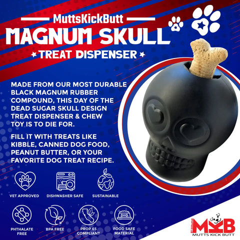 The SodaPup Magnum Sugar Skull EDispenser is a black, ultra-durable rubber chew toy and treat dispenser shaped like a skull with a bone-shaped treat inside. Its dishwasher safe, fits various treats, and features bold blue and red branding.