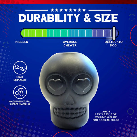 The SodaPup Magnum Sugar Skull EDispenser is a black, ultra-durable dog chew toy with heart-shaped eyes, rated for strong chewers (30–60 lbs). It dispenses treats, works as a slow feeder, and is shown against a blue background.