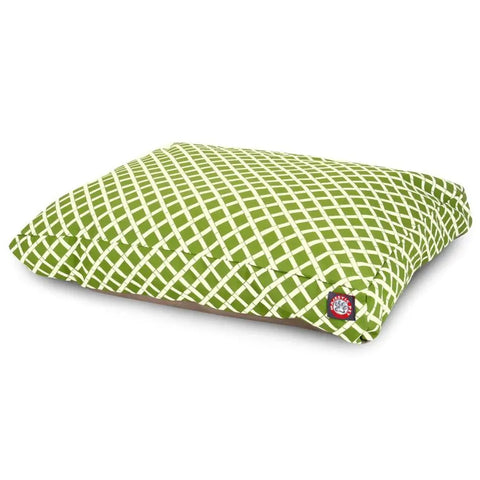 The Bamboo Memory Foam Dog Bed by Majestic Pet is a rectangular, green, washable bed featuring a white crisscross pattern and a small red-and-white circular logo in one corner.
