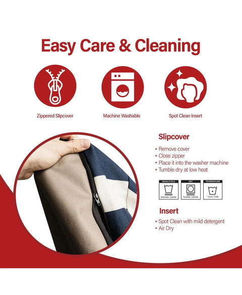 The French Quarter Rectangle Dog Bed by Majestic Pet is easy to care for—its infographic highlights a zippered slipcover, machine washable cover, and spot clean insert. A photo shows the removable cover being opened for convenient cleaning.