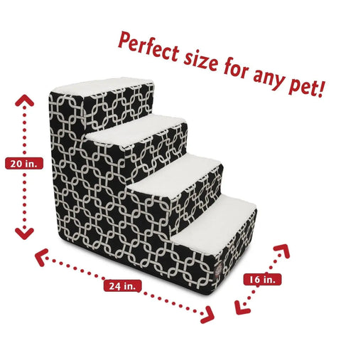 The Majestic Pet Links 4 Step Pet Stairs feature a black and white geometric pattern, white textured treads, and measure 24L x 16W x 20H—perfect size stairs for any dog or cat!.