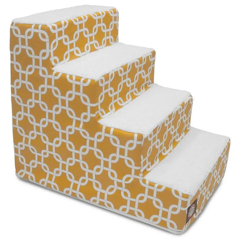 The Majestic Pet Links 4 Step Pet Stairs features yellow and white geometric sides and soft, textured white steps. Perfect for cats or dogs to reach higher surfaces comfortably.