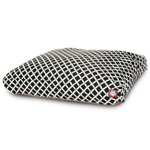 The Majestic Pet Bamboo Rectangle Dog Bed features a black cover with a white lattice pattern and a red paw print logo tag; its removable cover is easily washable.