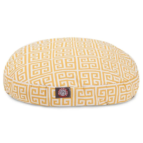 The Majestic Pet Towers Round Dog Bed features a yellow and white Greek key pattern, a front label, and a removable cover for easy washing.