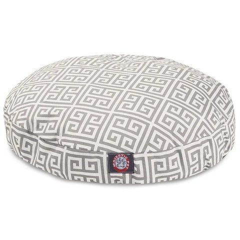 The Majestic Pet Towers Round Dog Bed features a gray and white Greek key pattern, a small sewn-on paw print logo label on the side, and a removable cover for easy washing.