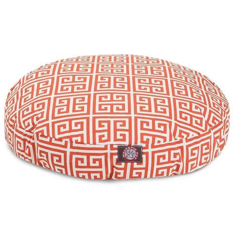 The Majestic Pet Towers Round Dog Bed features an orange and white Greek key pattern, a removable cover for easy cleaning, and a small black and white logo tag on the side.
