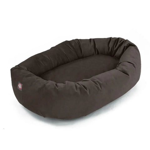 The Majestic Pet Suede Bagel Dog Bed is a large, oval bed in dark brown with raised sides and a soft polyester faux suede interior, shown on a white background.