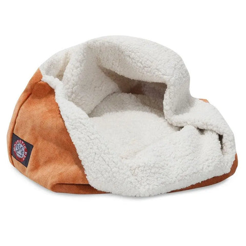 The Majestic Pet Villa Burrow Cat Bed features a cozy, cave-style design with a soft white sherpa lining, brown faux suede exterior, and a small logo patch for feline comfort.