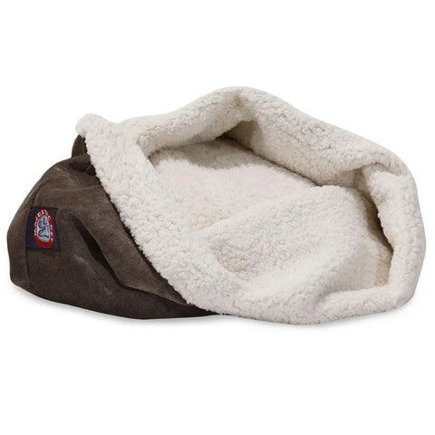 The Majestic Pet Villa Burrow Cat Bed features a faux suede brown exterior, a soft white Sherpa interior, and a pouch-like, partially open design. A small round logo patch accents the front left side.