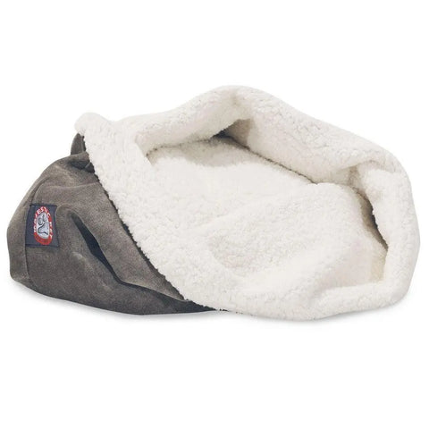 The Majestic Pet Villa Burrow Cat Bed features soft brown faux suede with a white sherpa-style lining, partially folded open to reveal the cozy interior, and has a small patch with a cartoon dog logo on the outside.